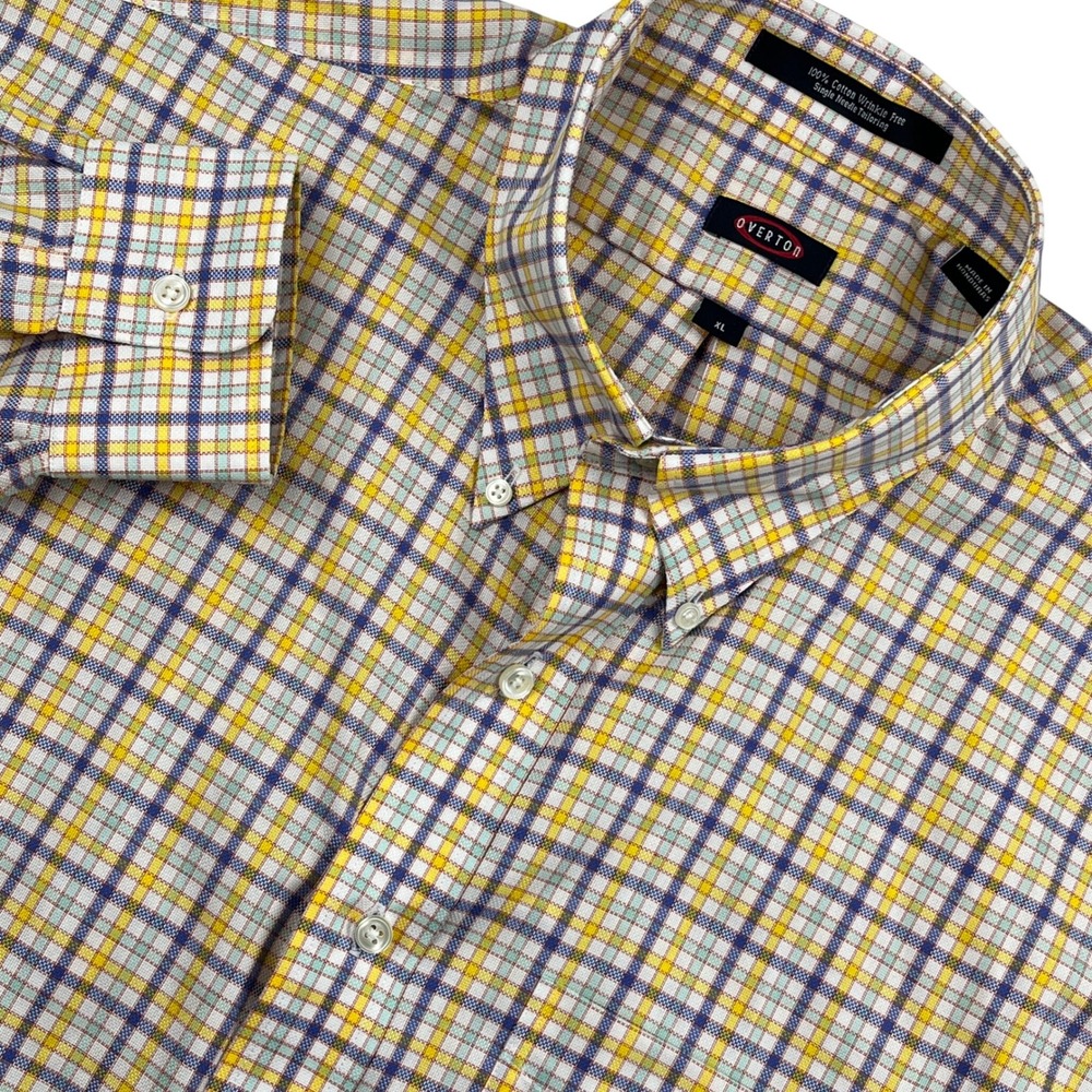 Overton Mens XL Plaid Button Down Shirt Yellow Blue White Cotton Wrinkle Free